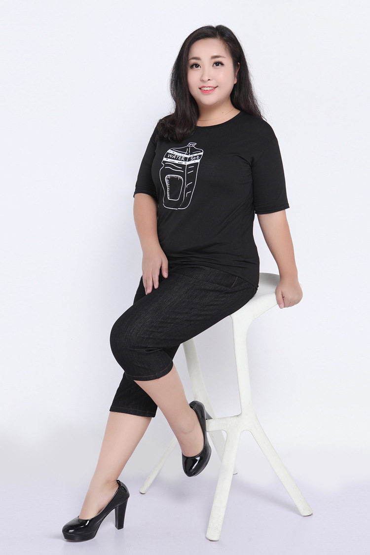 2019夏装松紧腰加肥加大码胖mm高腰七分牛仔裤女中裤薄款200斤