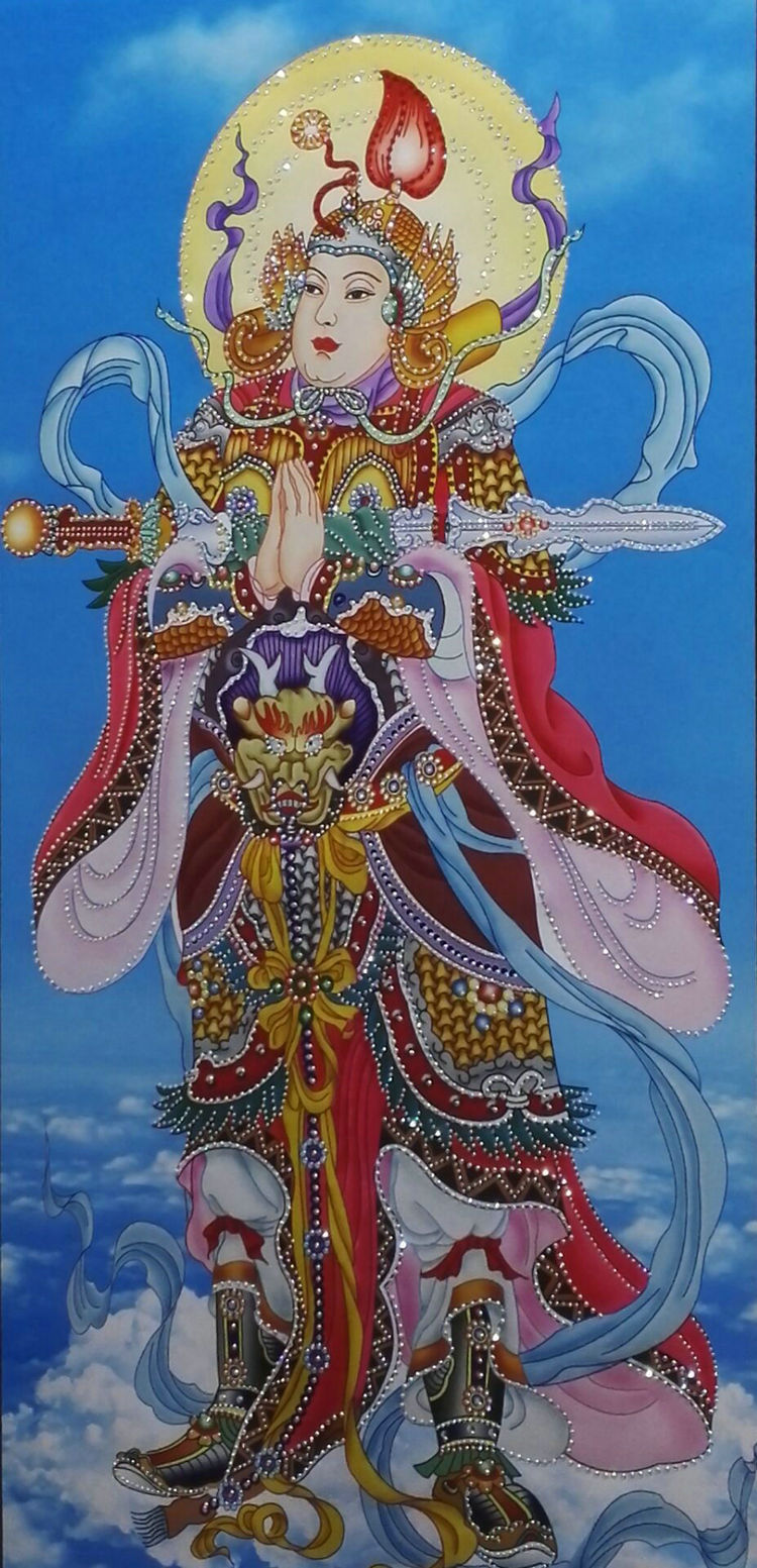 南无护法韦陀菩萨带钻 佛的护法神 丝绸卷轴画 佛画像 卷轴镶钻画