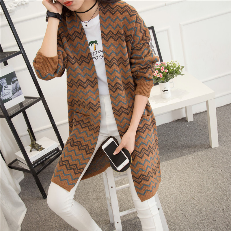 实拍彩色条纹中长款毛衣开衫女外套宽松韩版潮学生针织衫上衣6168