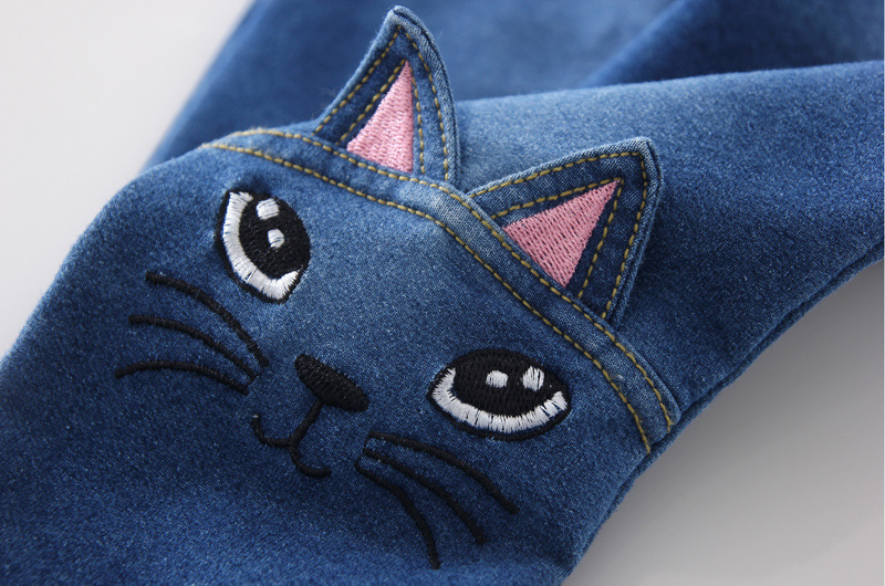 春新款 儿童膝盖小猫刺绣立体耳朵牛仔裤 春款 女童花边裤脚长裤