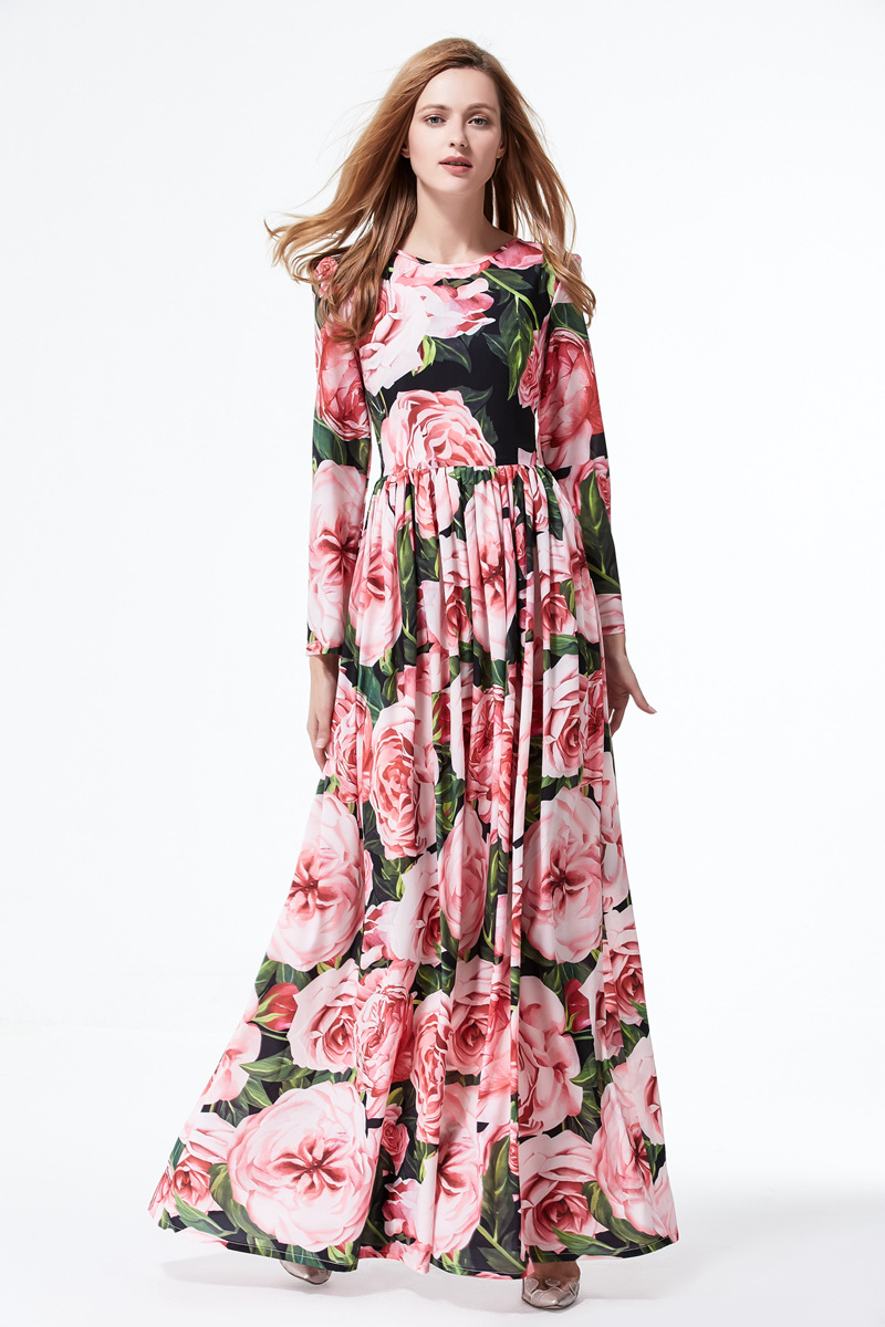 雪纺连衣裙春2020新款 欧美时尚女士玫瑰花长裙 九分袖连衣裙批发