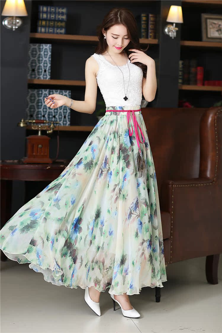 印花雪纺半身裙中长款长裙夏季女装大摆半截民族印花沙滩高腰裙.