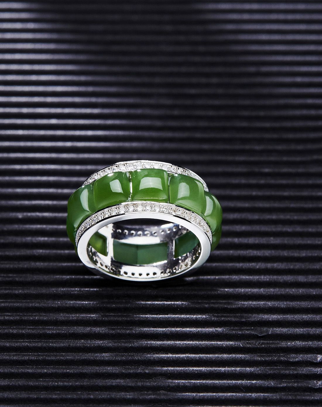 亿翠阁 玉石s925银镶和田玉 碧玉戒指 男女情侣款玉戒指扳指