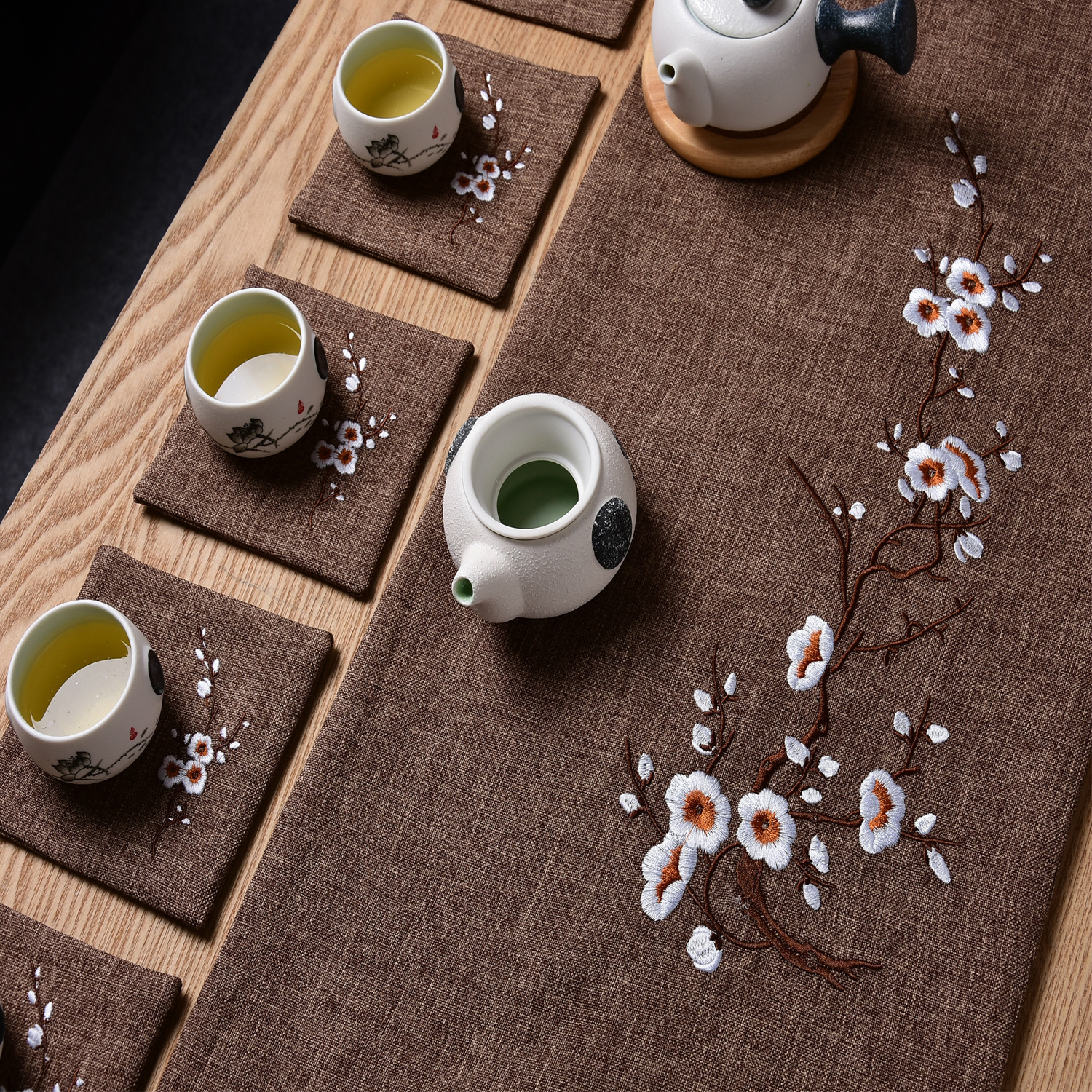 中式刺绣梅花棉麻茶席中国风茶道干泡禅意古典茶席