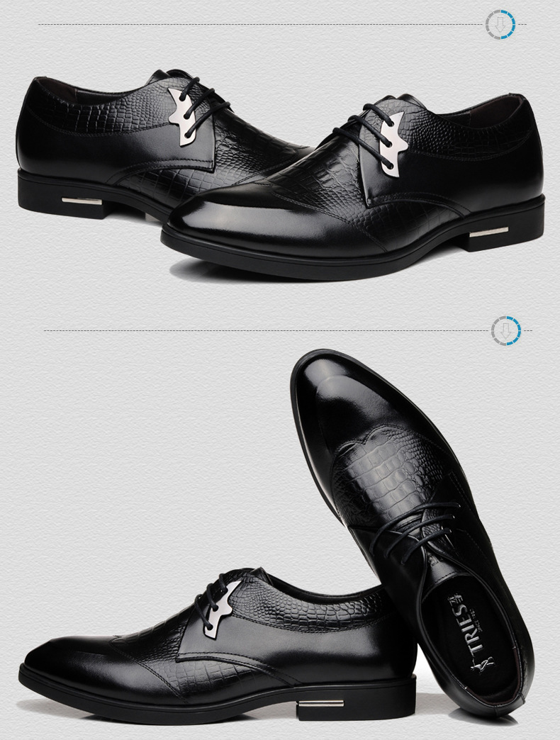 才子春季新款时尚潮流尖头鳄纹德比鞋真皮男士商务休闲皮鞋