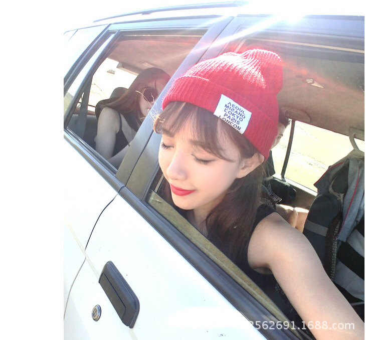 2019秋冬季六国首都字母贴标针织帽毛线帽尖尖帽子男女情侣