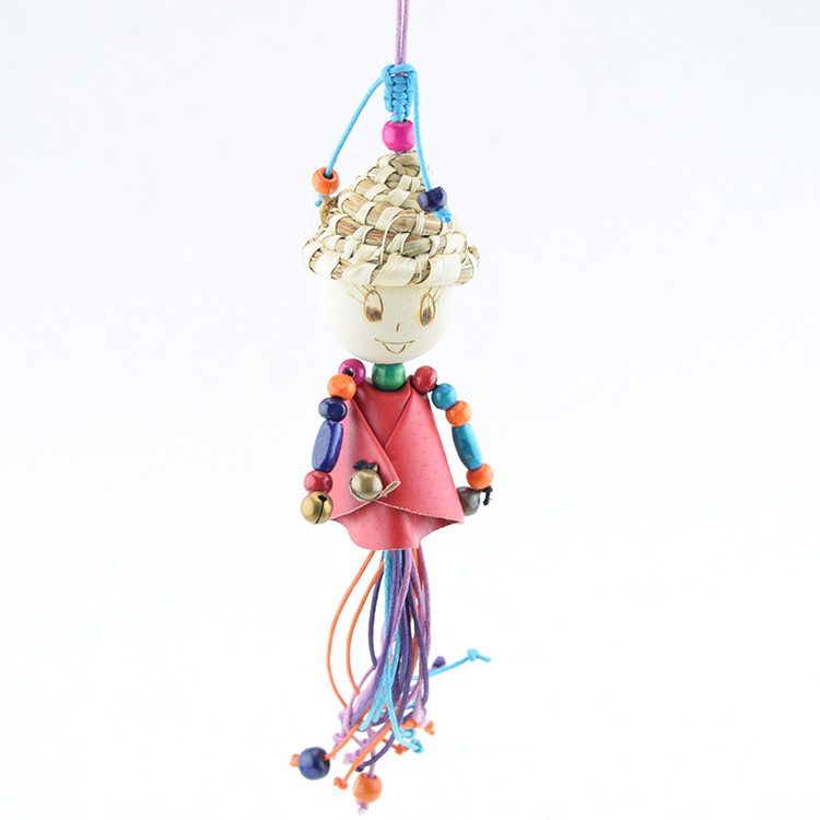 云南特色民族风 稻草人风铃挂件 木质东巴文风铃工艺品娃娃挂饰
