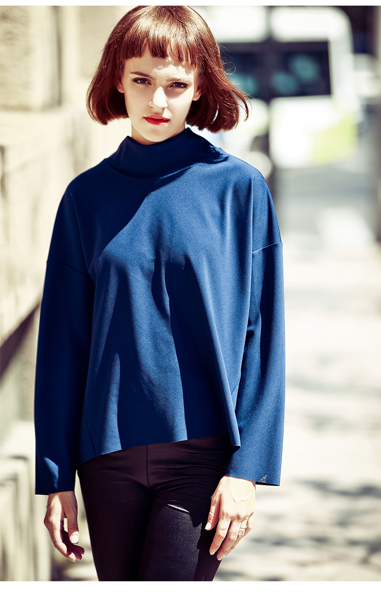 【清仓】打底宽松蓝色不规则t恤百搭女式空气层长袖套头衫批发