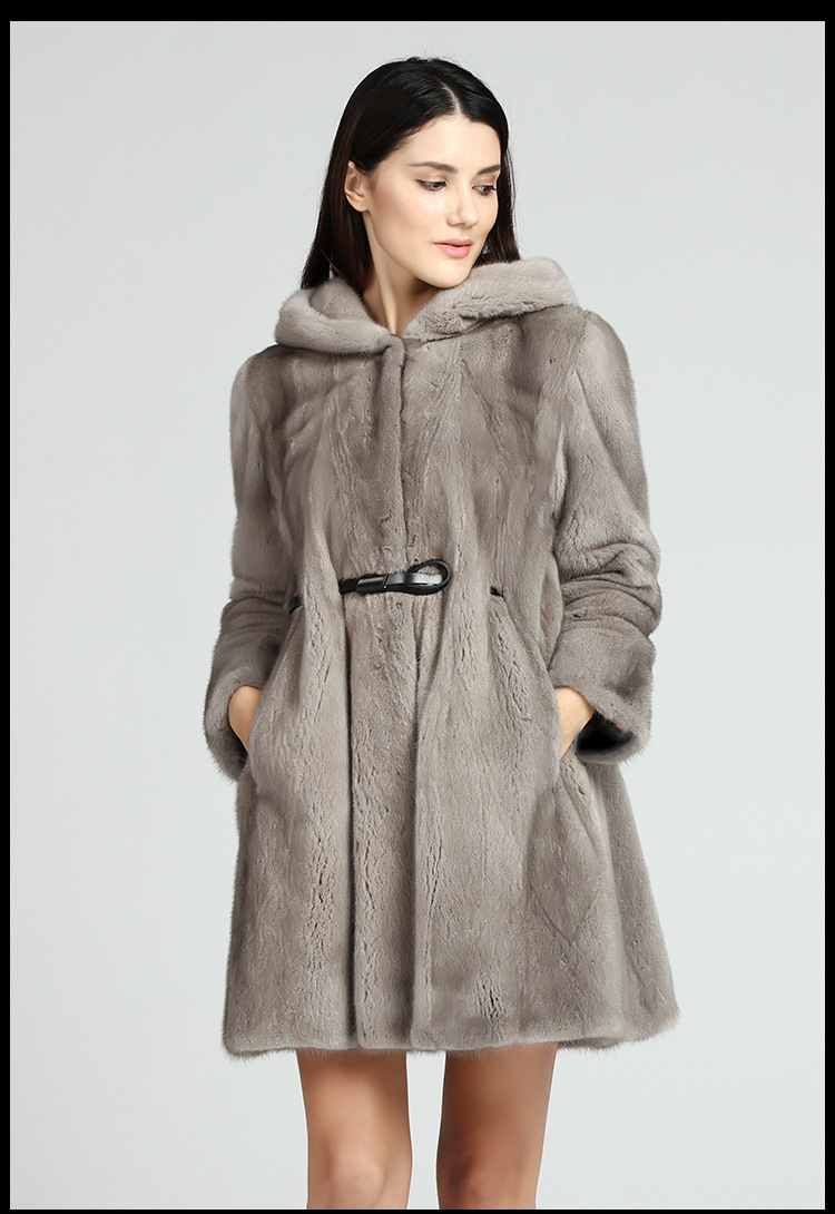 丹麦进口天鹅绒银蓝十字貂带帽长款貂皮大衣女款皮草外套