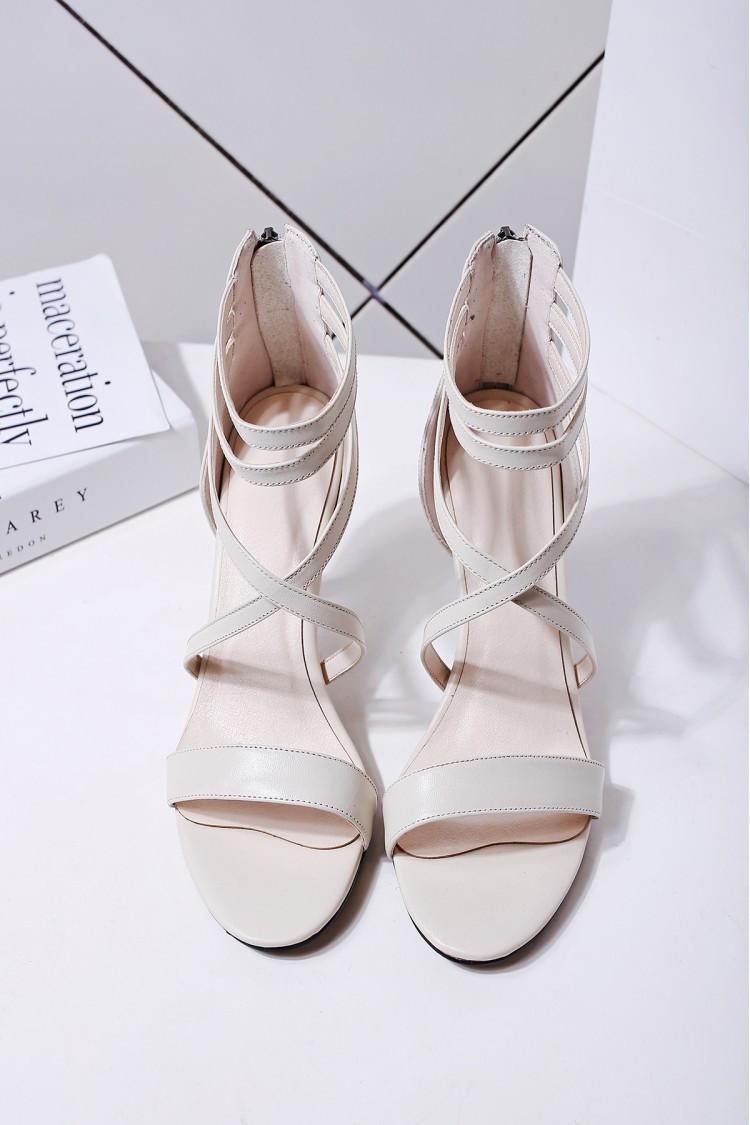 2016欧美夏季新品真皮罗马绑带纯色后拉链高跟凉鞋女批发