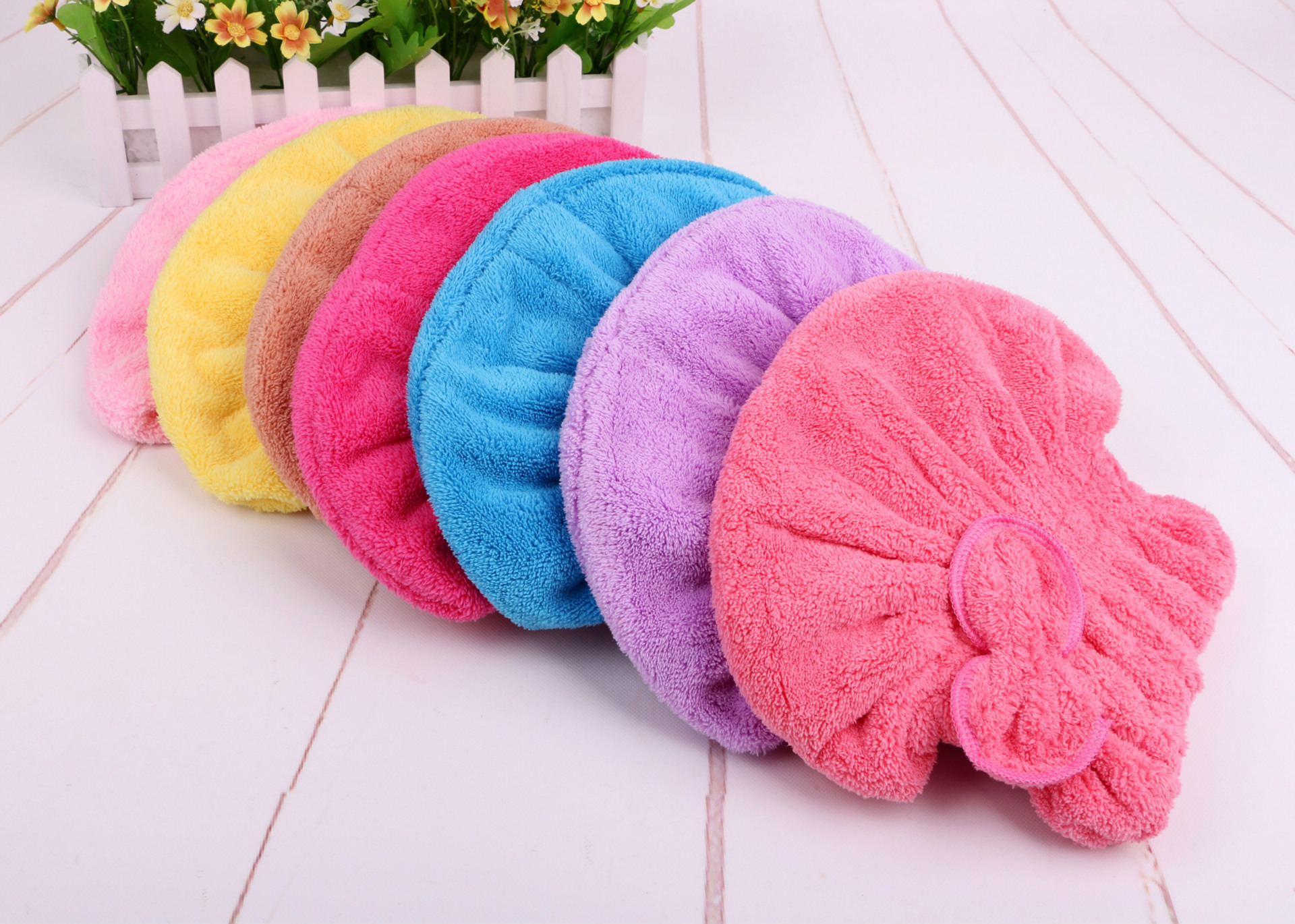 出口南韩珊瑚绒纳米纤维蝴蝶结干发帽中短发