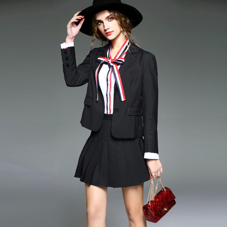 2016新款春秋款三件套女 韩版学院风百褶裙西装套装女现货实拍