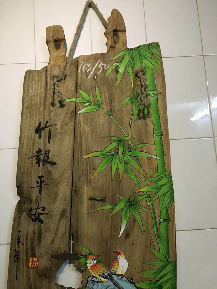 风化木板画荷花鱼旧木头装饰画自然风化木图