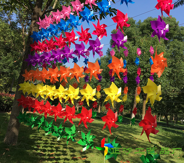 六角风车串 节日气氛纯色塑料小风车 户外活动儿童节国庆节风车串