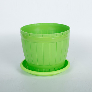 厂家批发全新树脂料仿木桶型创意圆形多规格彩色塑料花盆赠底托