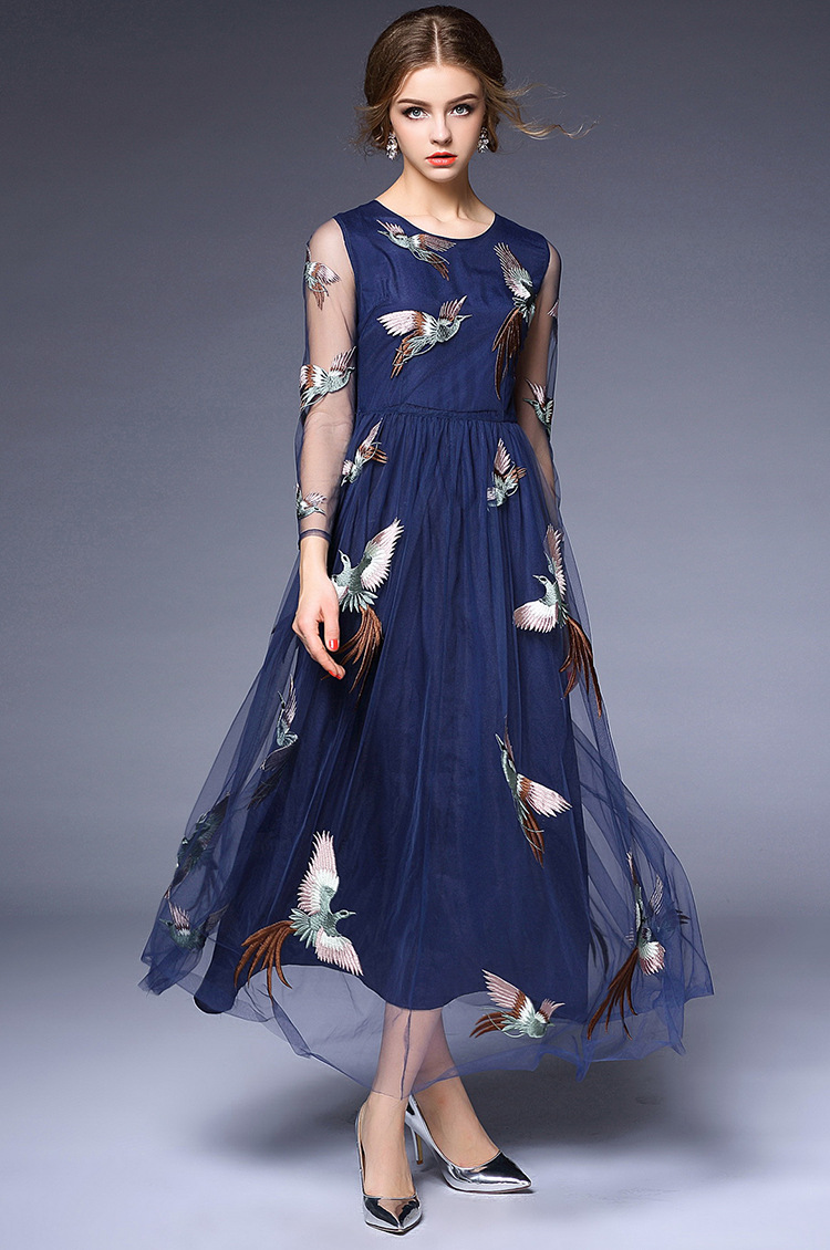 欧美女装连衣裙代理批发春夏新款优雅重工刺绣凤凰大摆长裙