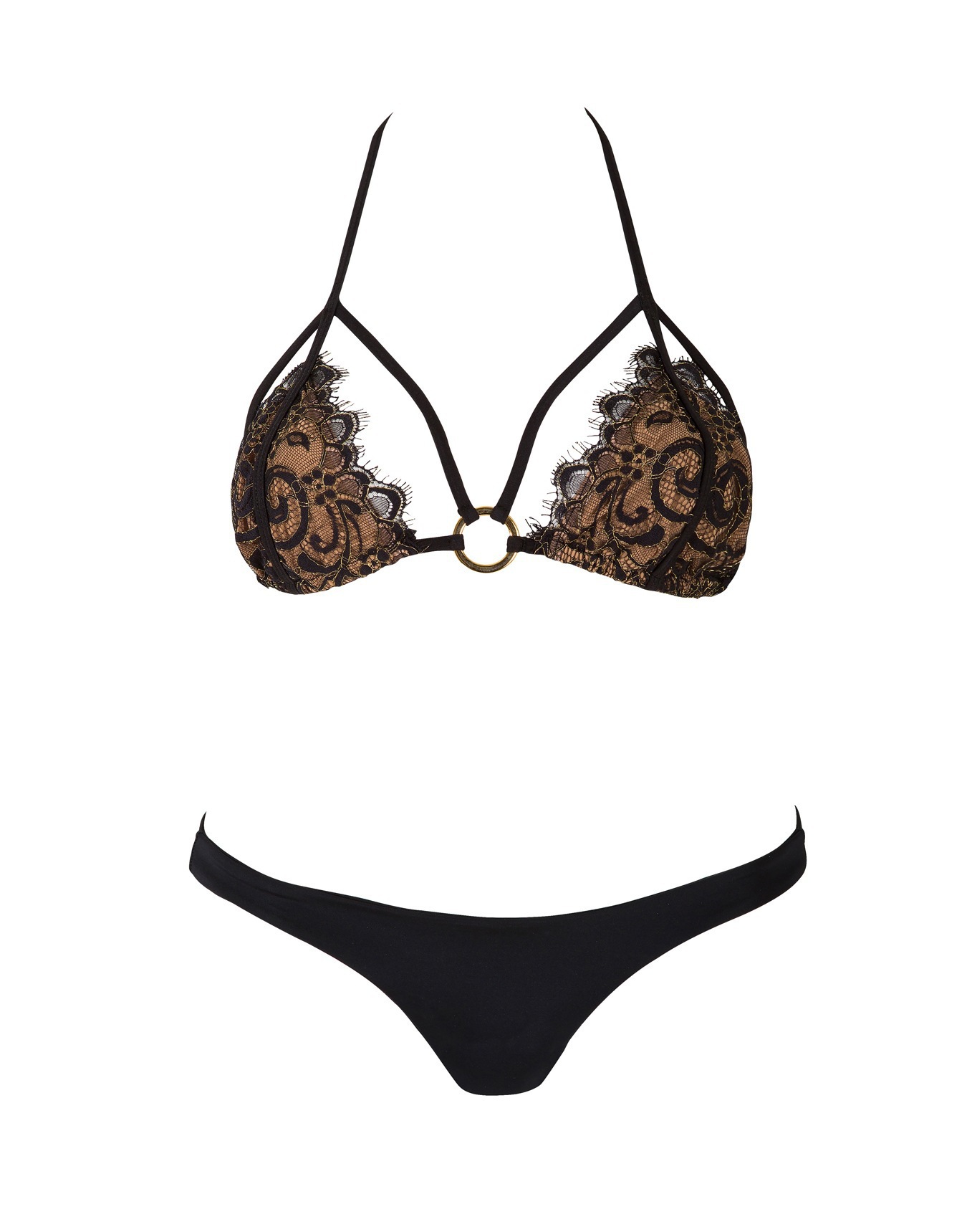 2016外贸爆款黑色蕾丝纯色欧美比基尼分体式泳衣厂家直销一件代发