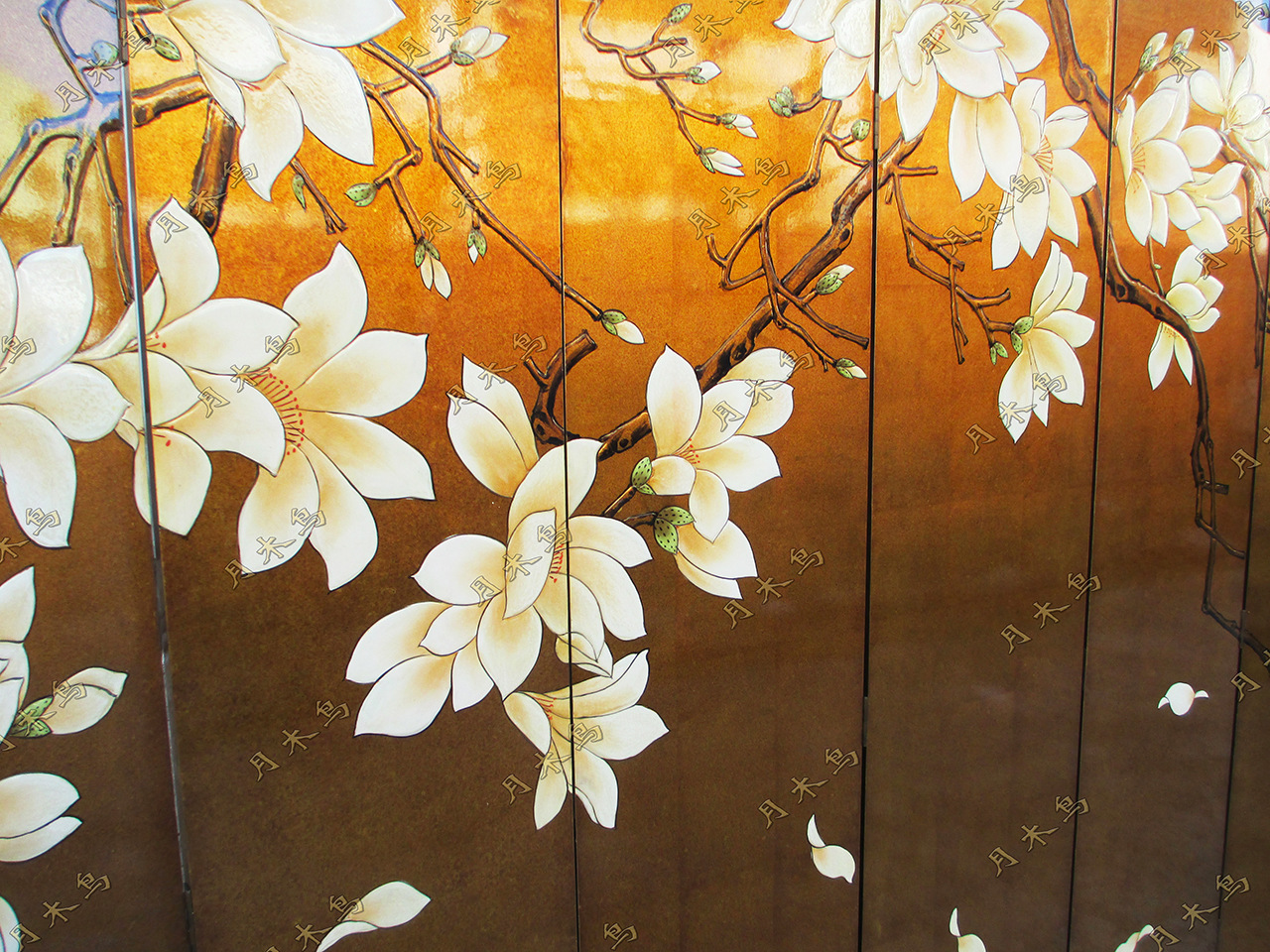 手绘漆画新中式玉兰花古典装饰酒店会所家庭客厅高档金箔做旧屏风