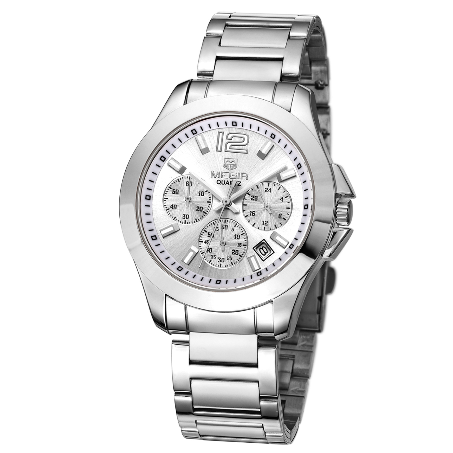 美格尔megir 情侣简约条钉刻度休闲石英钢带手表5006钢带