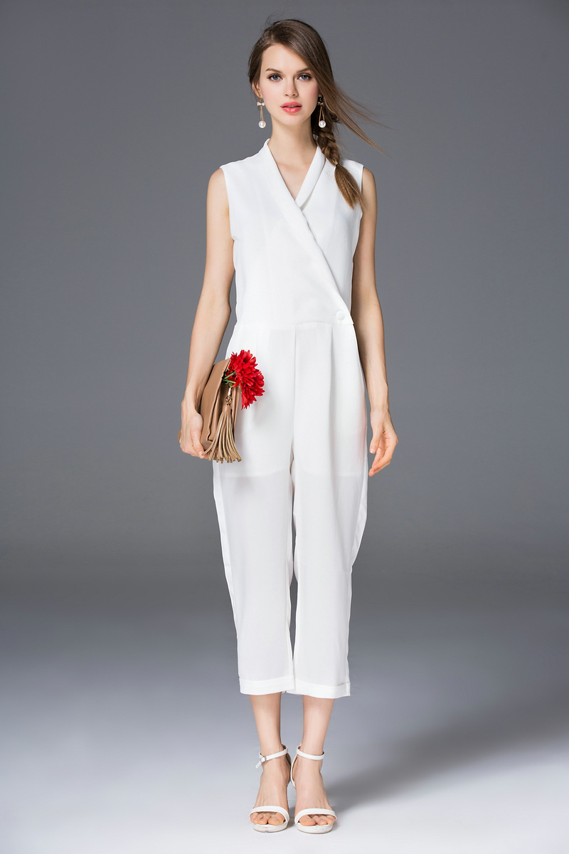 ol白领一粒扣性感v领无袖修身连体衣连体 图案:纯色 款式:裤套装 上衣