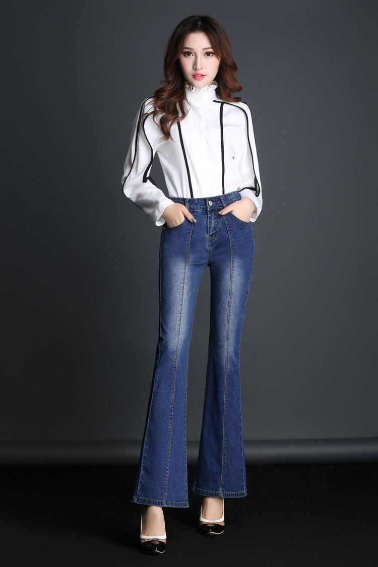 2020春新中腰修身大喇叭时尚牛仔裤 喇叭裤微喇长裤 百搭女长裤
