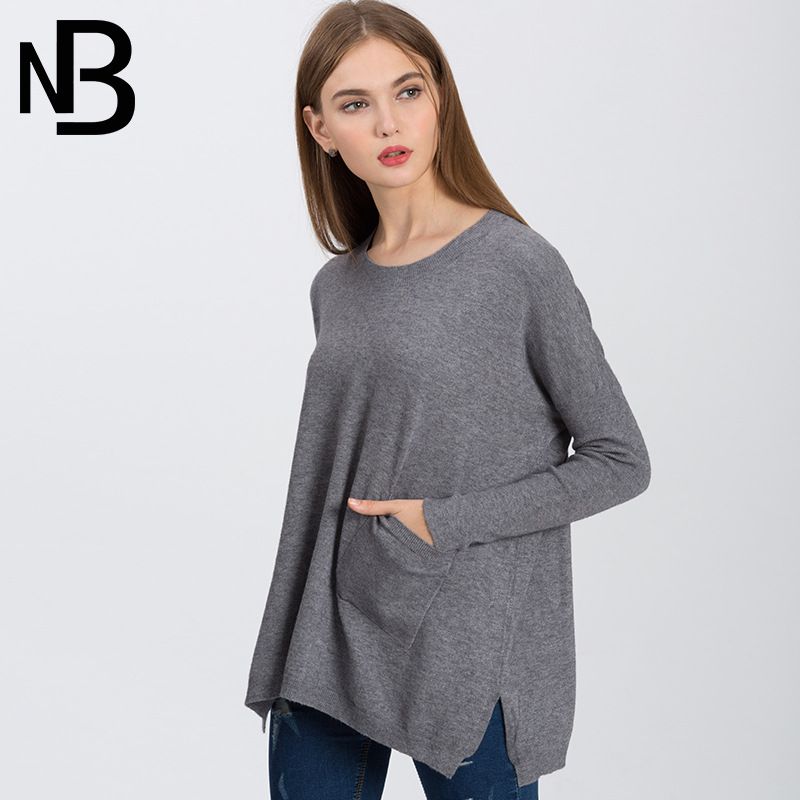 2016年女士秋装新款欧美风套头圆领宽松型口袋女针织面衫毛衣卫衣