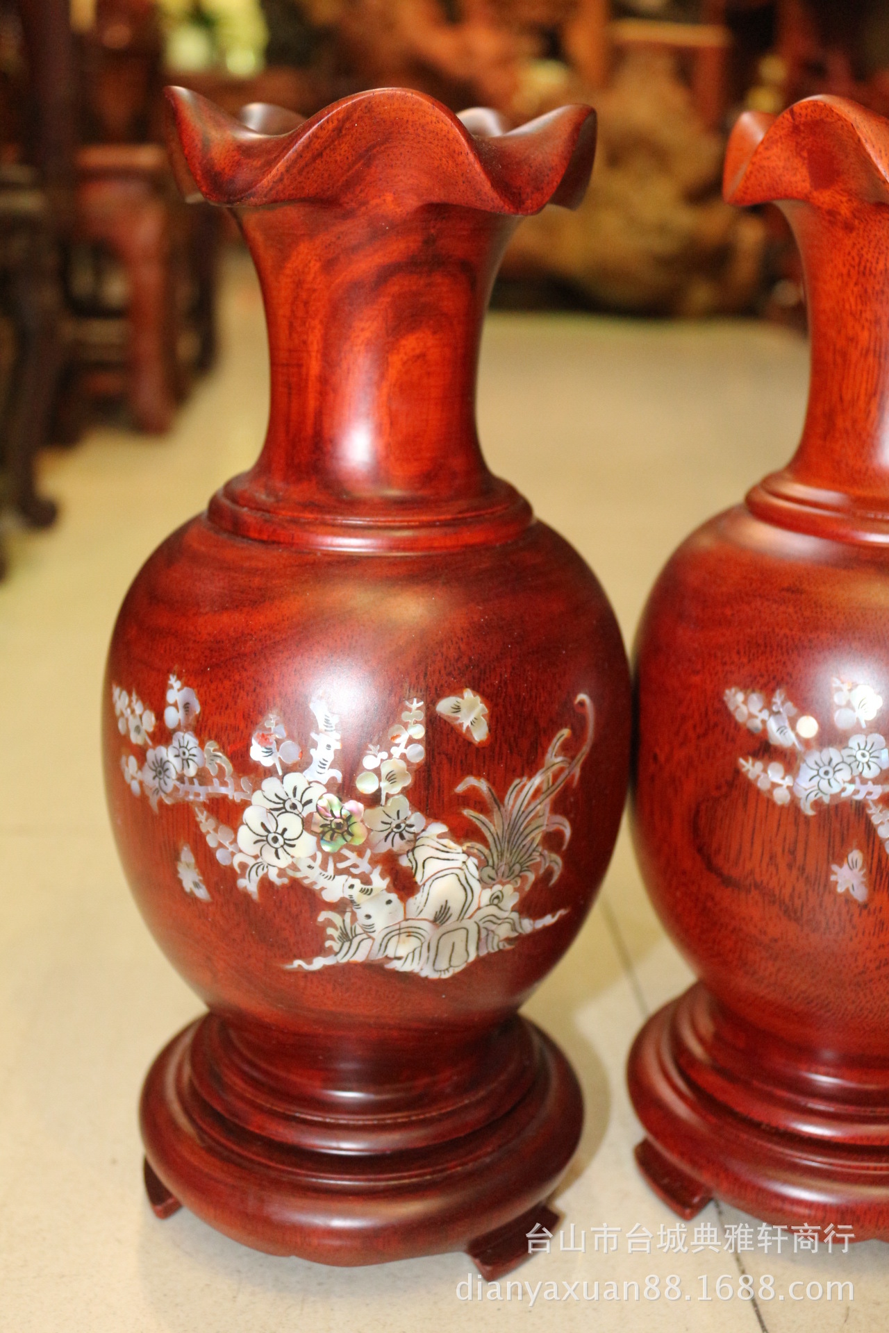 花瓶 红木实木花瓶 家用桌面收藏摆件镶贝龙凤花瓶(对)
