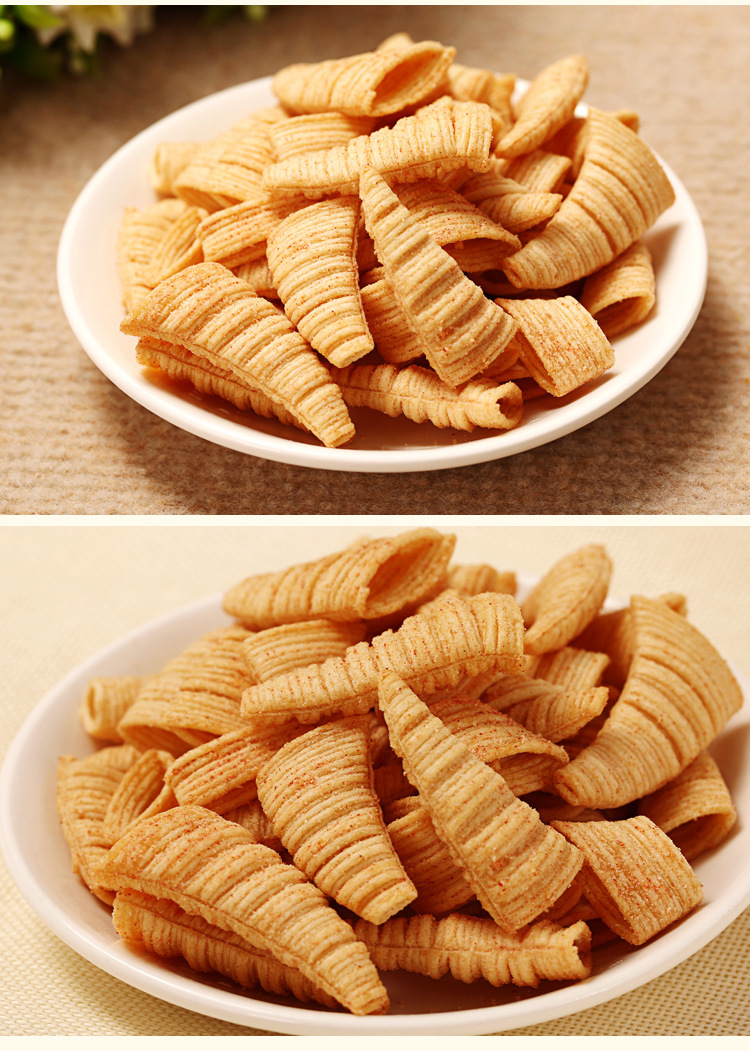 食品厂家番茄味牛角酥休闲香脆膨化型食品盒装食品1