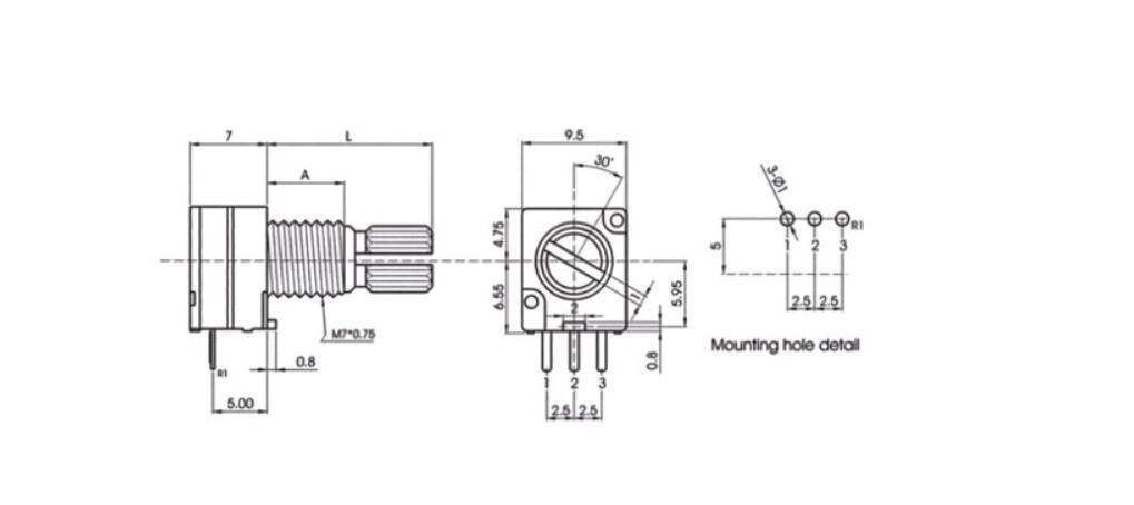 台湾rv097单联电位器b10k密封电位器b103柄长15mm功放音响三个脚