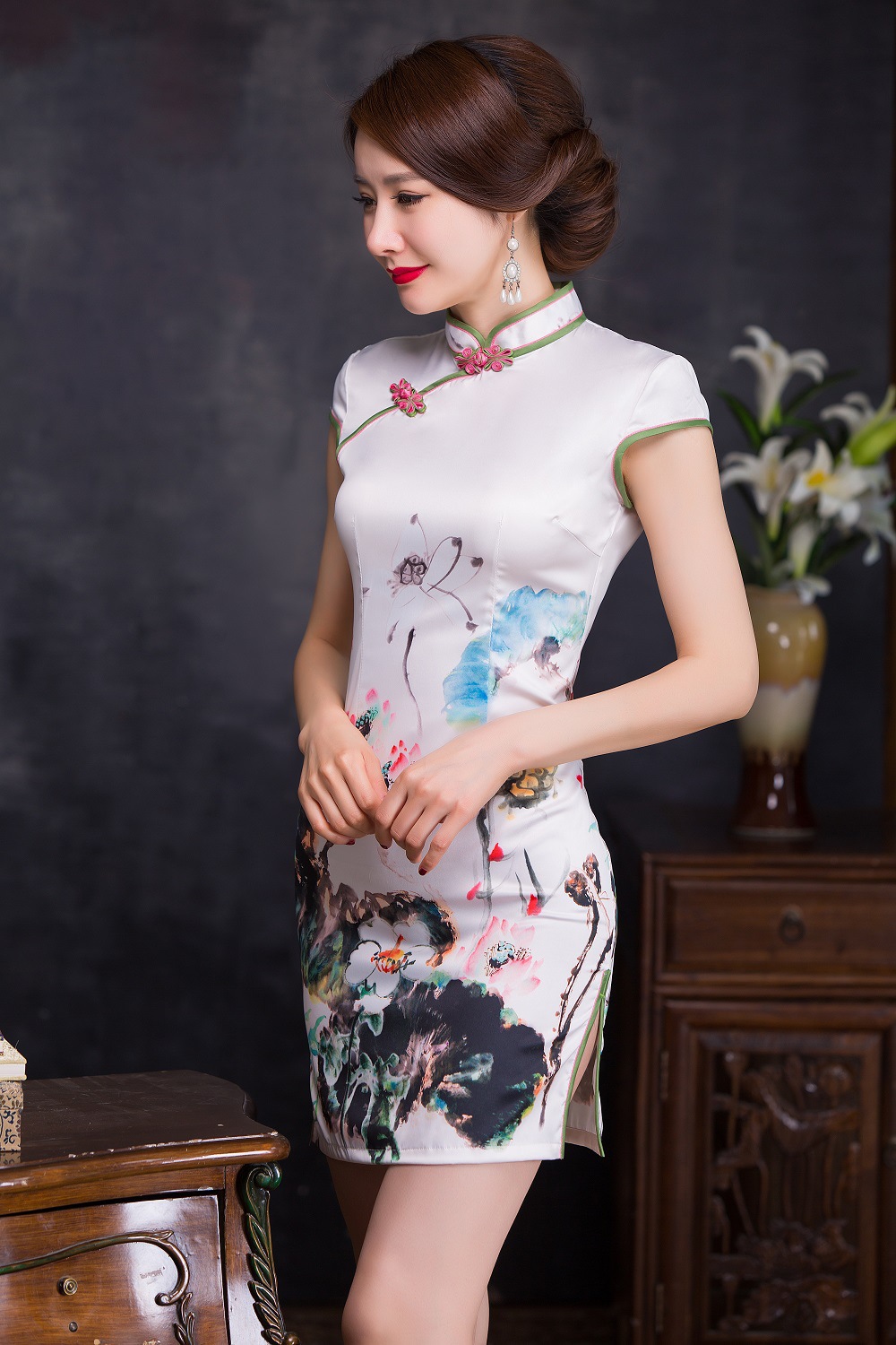 旗袍夏2016新款 时尚复古短款丝绸旗袍裙 日常改良夏装花色旗袍裙
