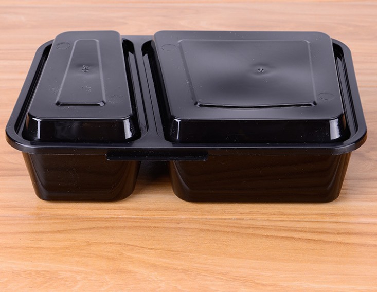 黑色一次性餐盒打包盒连体2格密封盖保鲜塑料打外卖盒160套批发