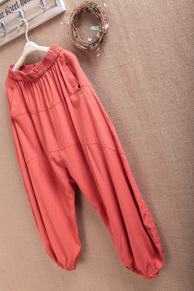 初秋新款棉麻女式灯笼裤 大码宽松女长裤子亚麻松紧腰灯笼裤