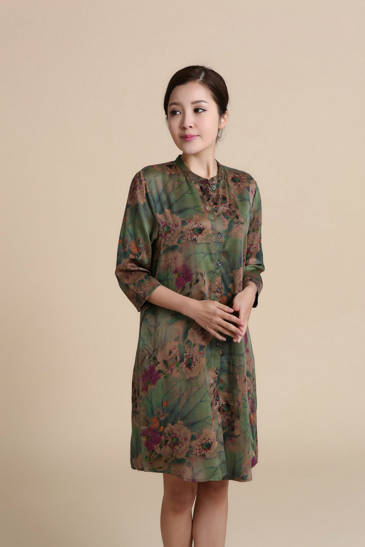 新款真丝七分袖圆领连衣裙香云纱中年宽松中长款100%桑蚕丝大码裙