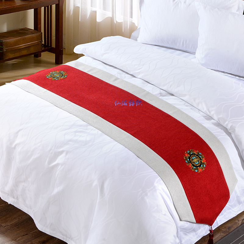 高档五星级酒店布草 古典中式亚麻床旗巾 大红色酒店床尾巾定制