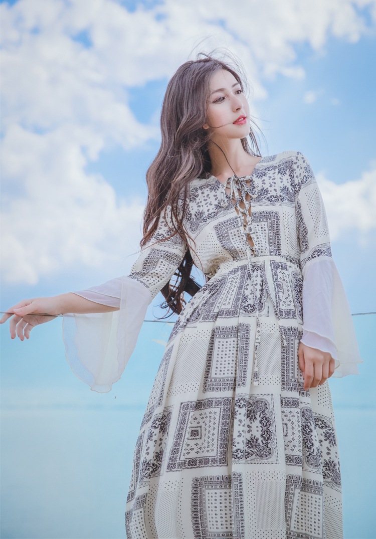 2016秋季新品 波西米亚长裙长袖度假裙