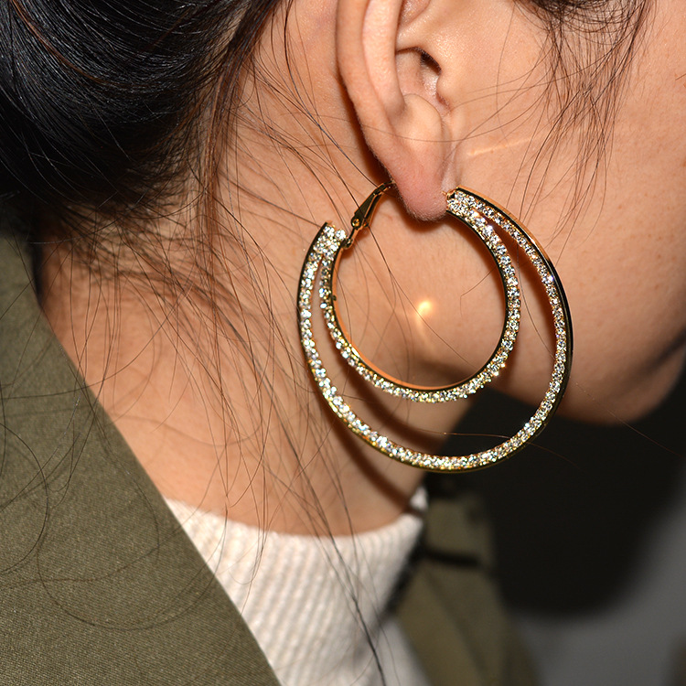 满钻大圈水钻夸张夜店朋克大耳环耳圈镶水钻双层时尚耳环女
