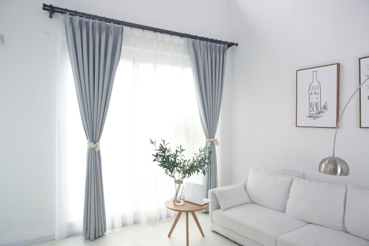 人造棉彩条半遮光窗帘细条纹简约风格提花色织窗帘布厂家**灰蓝色