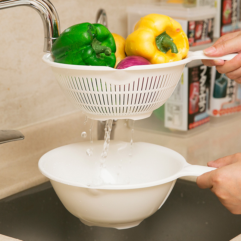 Japanese Kitchen Vegetable Washing Basket Plastic Drain Basket Washing Basin Sieve Creative Plastic Fruit Plate Fruit Pot 2-Piece Set