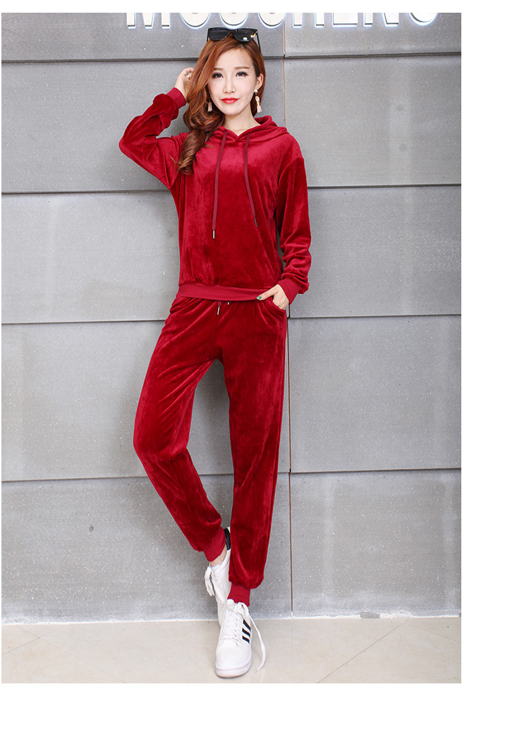 天猫品质2016新款秋冬水貂绒连帽长袖长裤两件套运动套装女