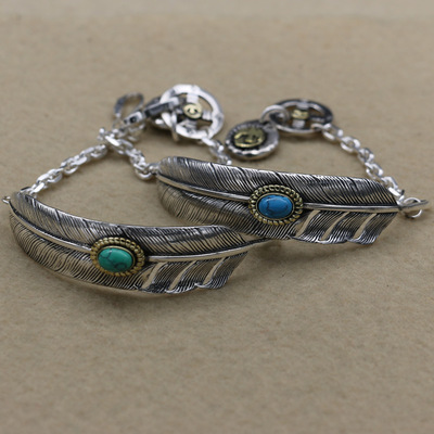 泰银民族风情侣首饰品925纯银goros 高桥吾郎手工绿松石羽毛手链