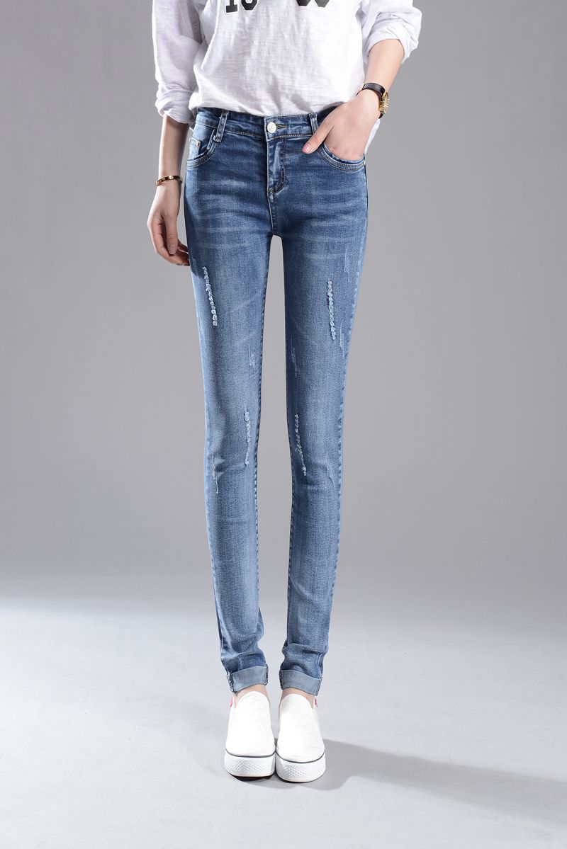 2016浅色春夏薄款牛仔裤女时尚潮流中腰弹力小脚修身显瘦女装长裤