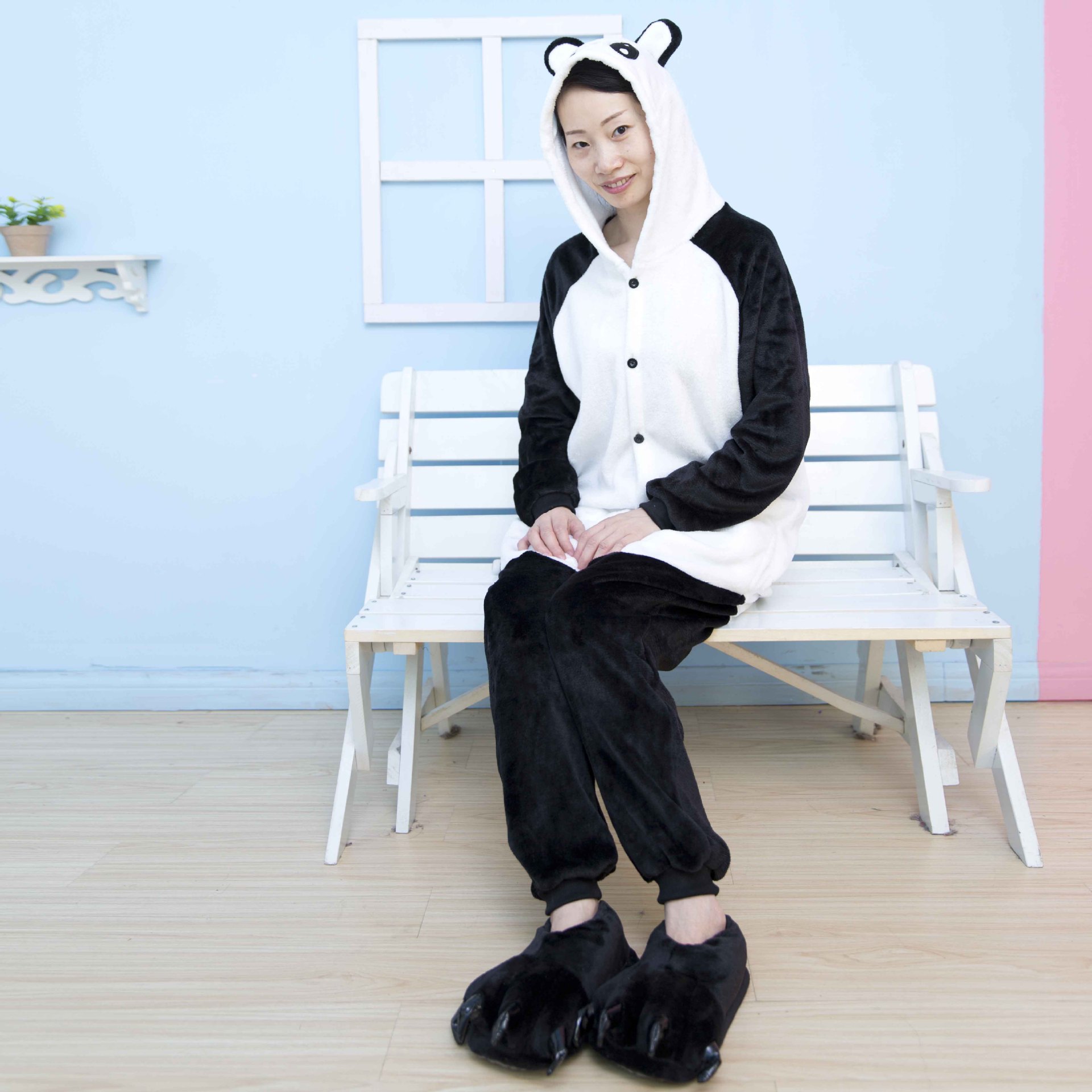 秋冬加厚可爱长袖男女亲子卡通动物熊猫连体居家睡衣如厕版批发