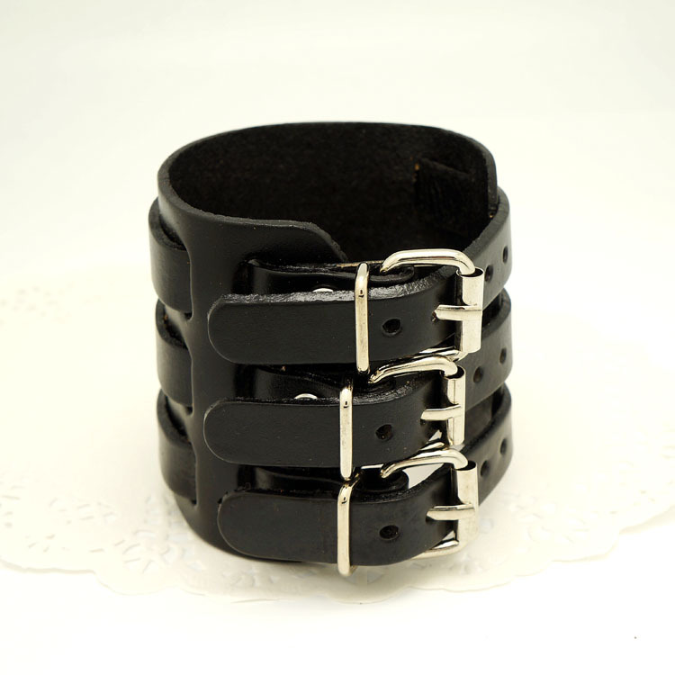 朋克风超宽皮头层皮牛皮手镯 男式复古三条皮带扣穿孔真皮手环
