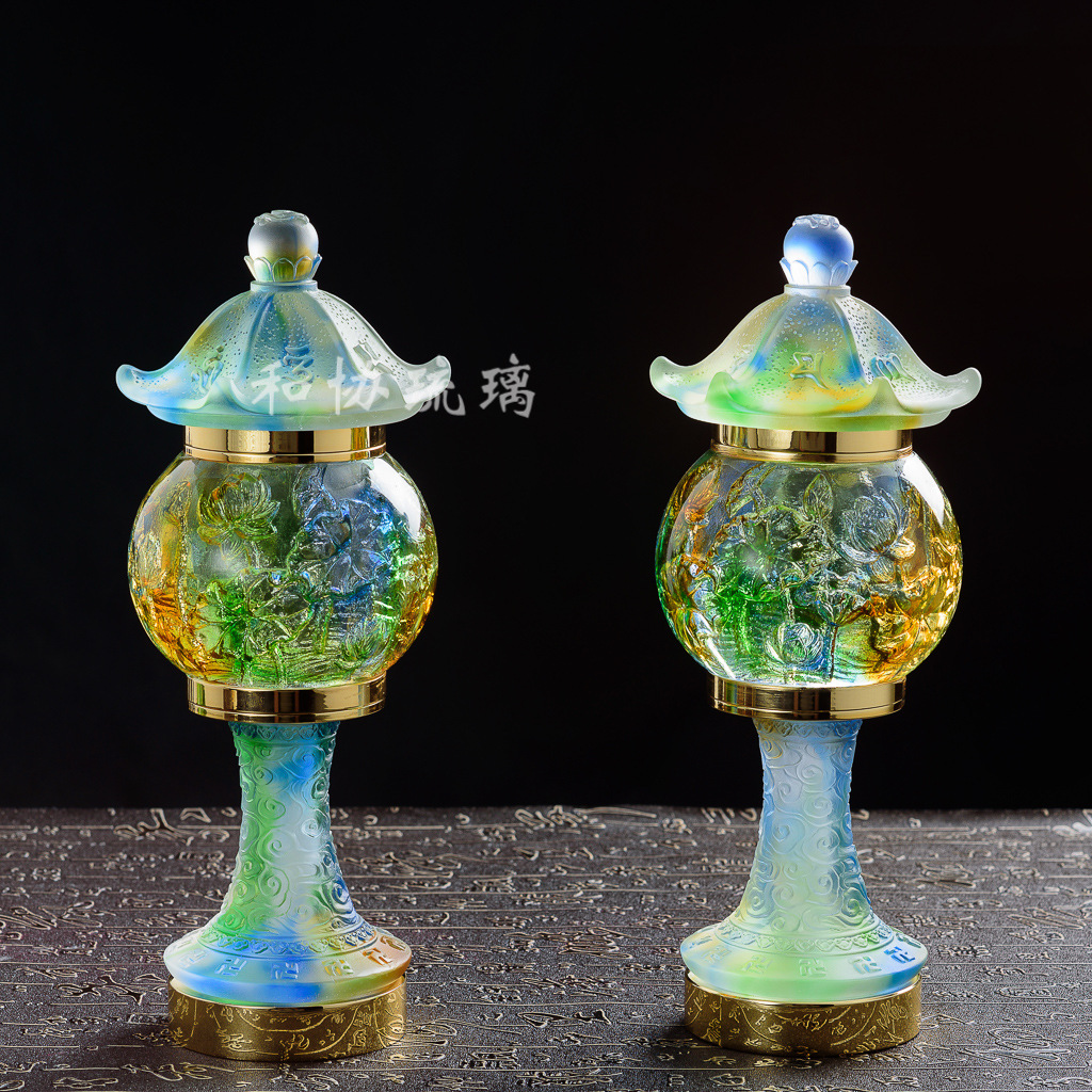 佛教用品厂家新款纯琉璃佛灯 16寸荷花内雕宫灯 琉璃佛灯 琉璃
