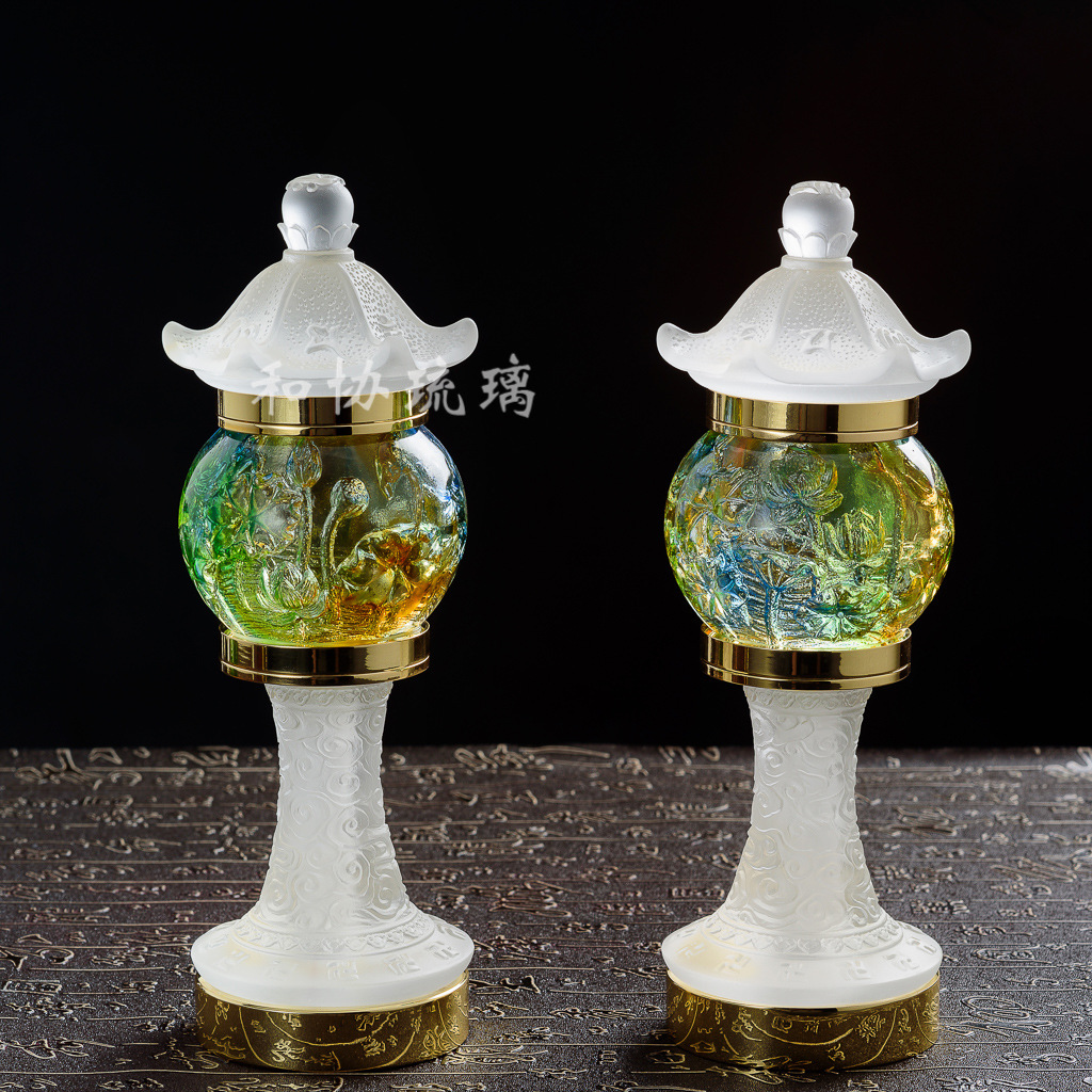 佛教用品厂家新款纯琉璃佛灯 16寸荷花内雕宫灯 琉璃佛灯 琉璃