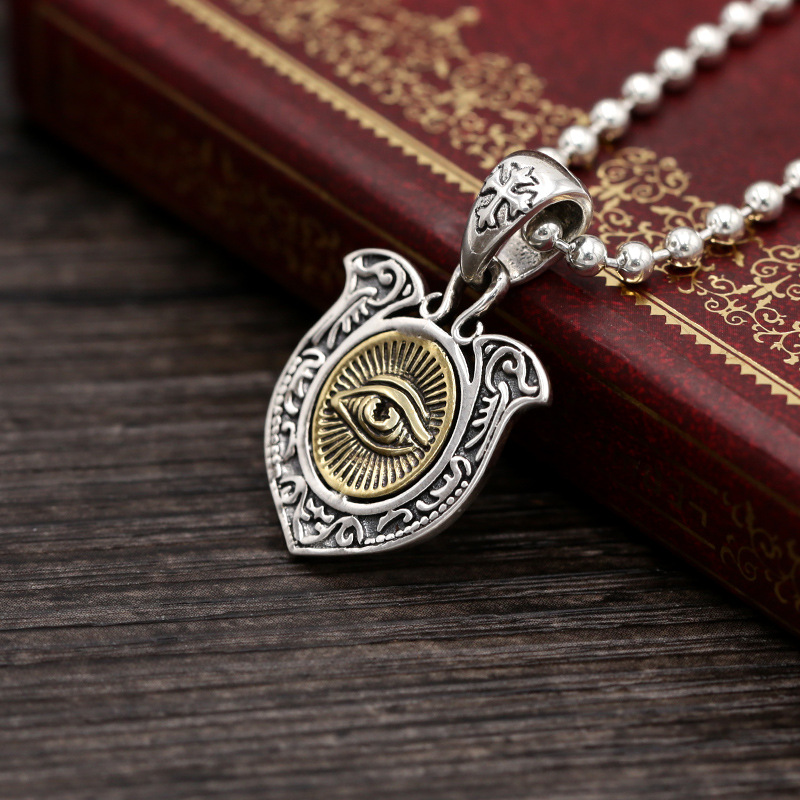 批发s925纯银饰品复古泰银镶铜天眼小盾牌男女士吊坠时尚流行吊牌