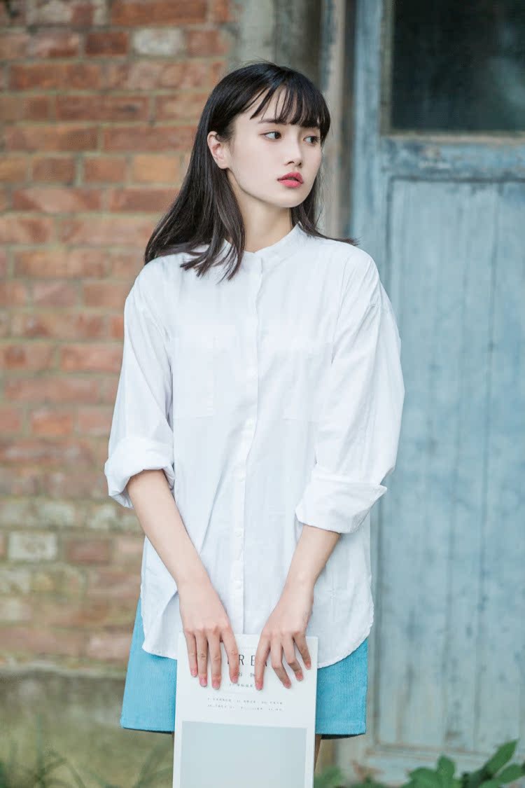 2016秋季新款 文艺复古长袖纯棉白衬衫 小清新宽松女学生打底衫