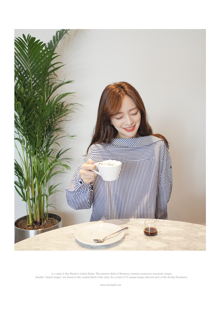 【owole 朴瑟seul】气质一字领 宽松大领口蓝白条纹衬衣 现货代发