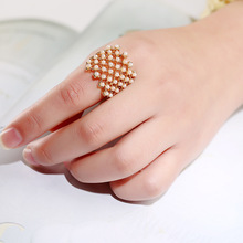日韩系新款满钻珍珠戒指 创意NHL女式镂空欧美精品戒指戒子指环