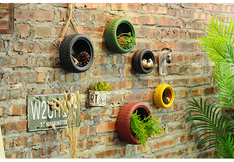 复古水泥轮胎壁挂家居客厅阳台仿真植物壁饰创意网咖酒吧装饰挂件
